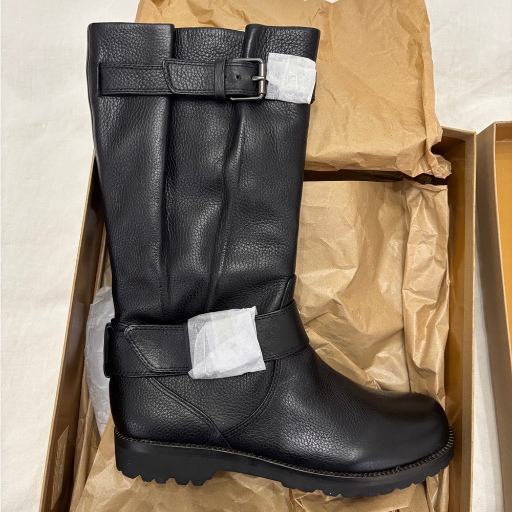 Gentle Souls NWT black leather moto boot with lug sole.